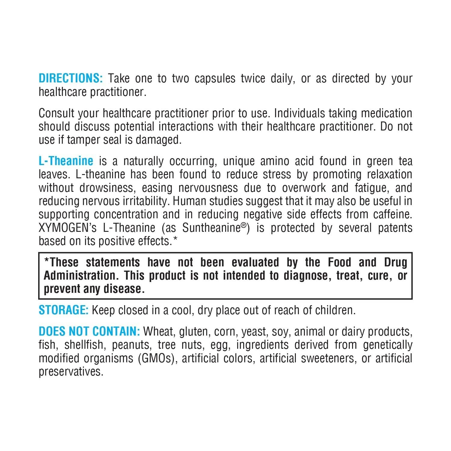 XYMOGEN L-Theanine label shows patented Suntheanine formula for quality.