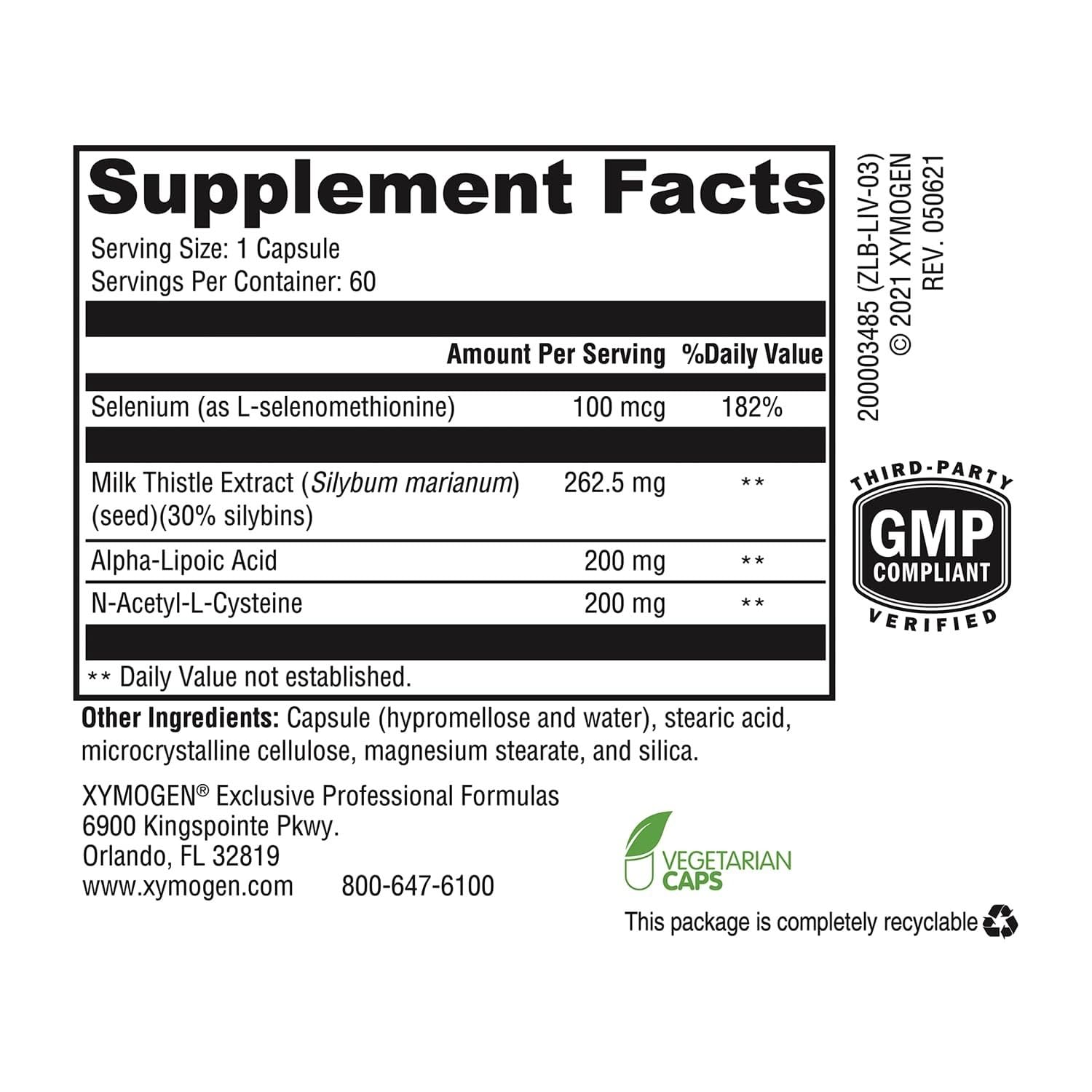 XYMOGEN Liver Protect packaging box highlighting milk thistle and NAC for antioxidants.