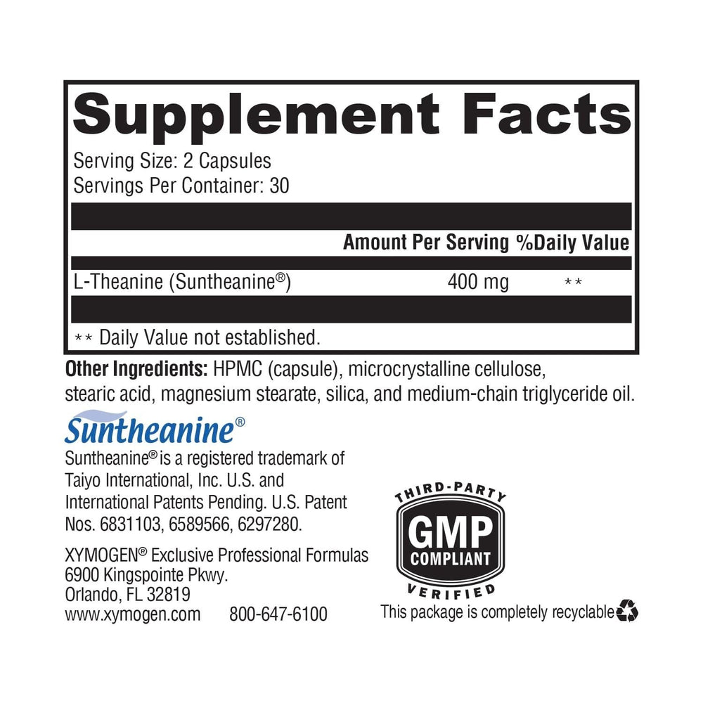 Bottle label close-up highlights 400 mg Suntheanine per serving