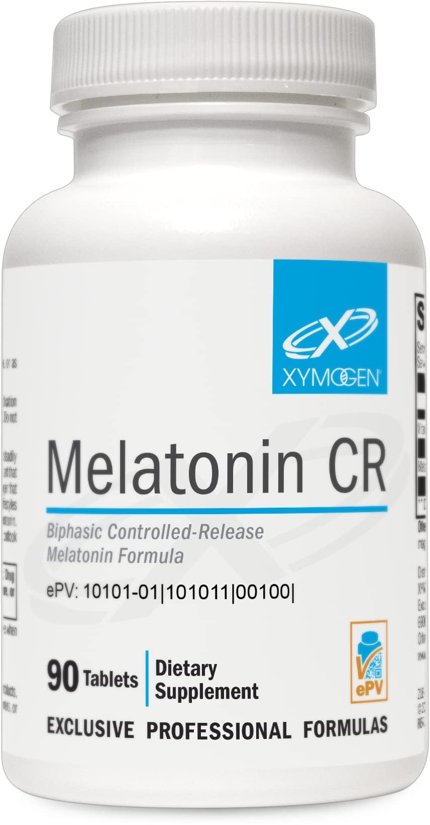 XYMOGEN Melatonin CR bottle front highlights biphasic release for restful nights.