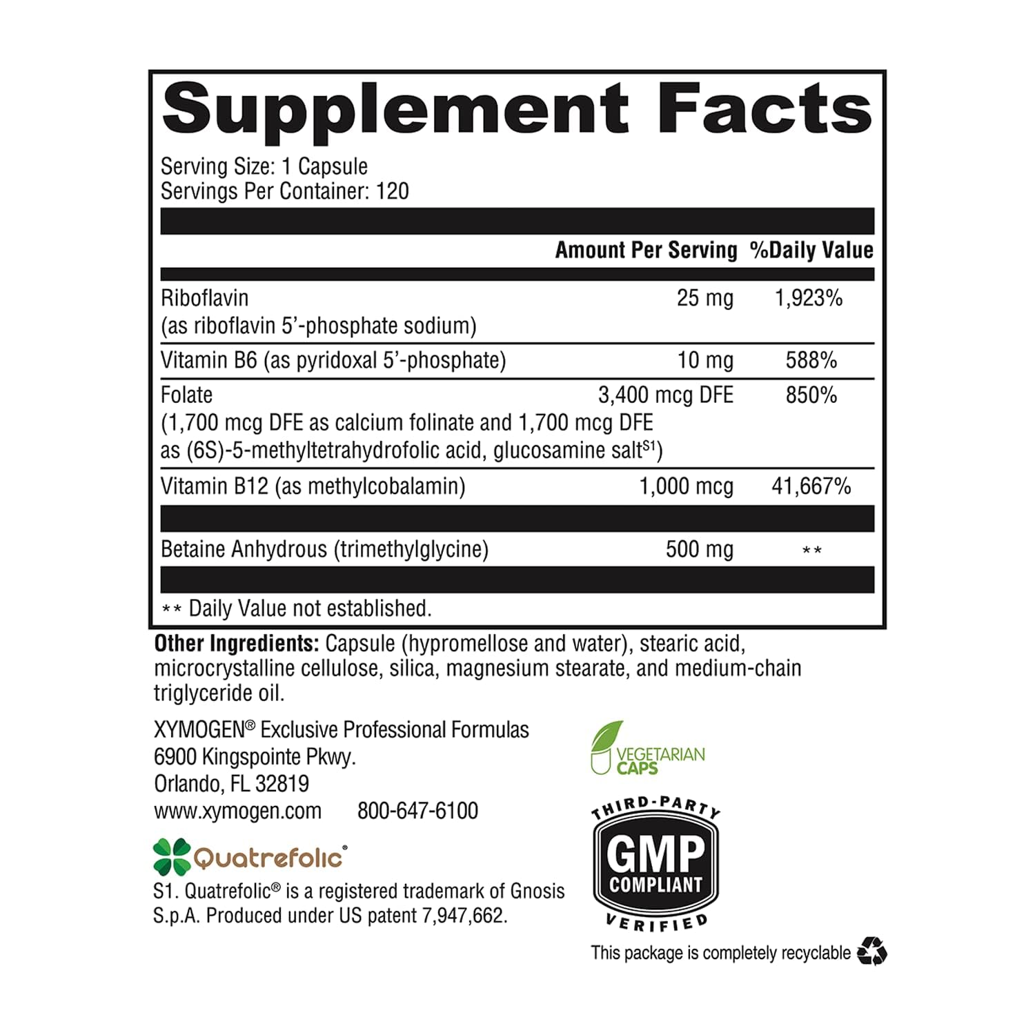 XYMOGEN Methyl Protect capsules closeup shows activated B vitamins for metabolism.