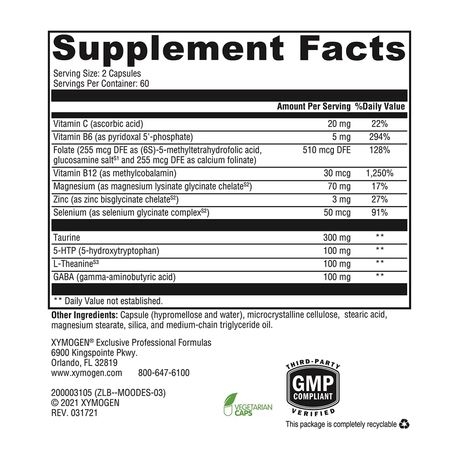 XYMOGEN Mood Food ES capsules visible indicating daily dose for balance.