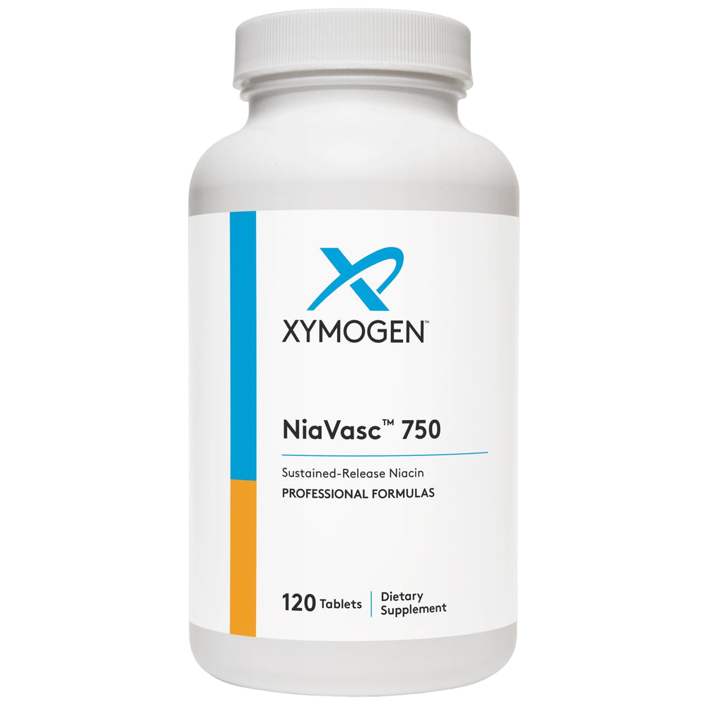 XYMOGEN NiaVasc 750 bottle front view highlighting time-release niacin