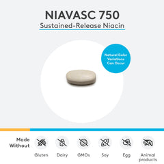Close-up of XYMOGEN NiaVasc 750 tablets with wax-coated time-release surface
