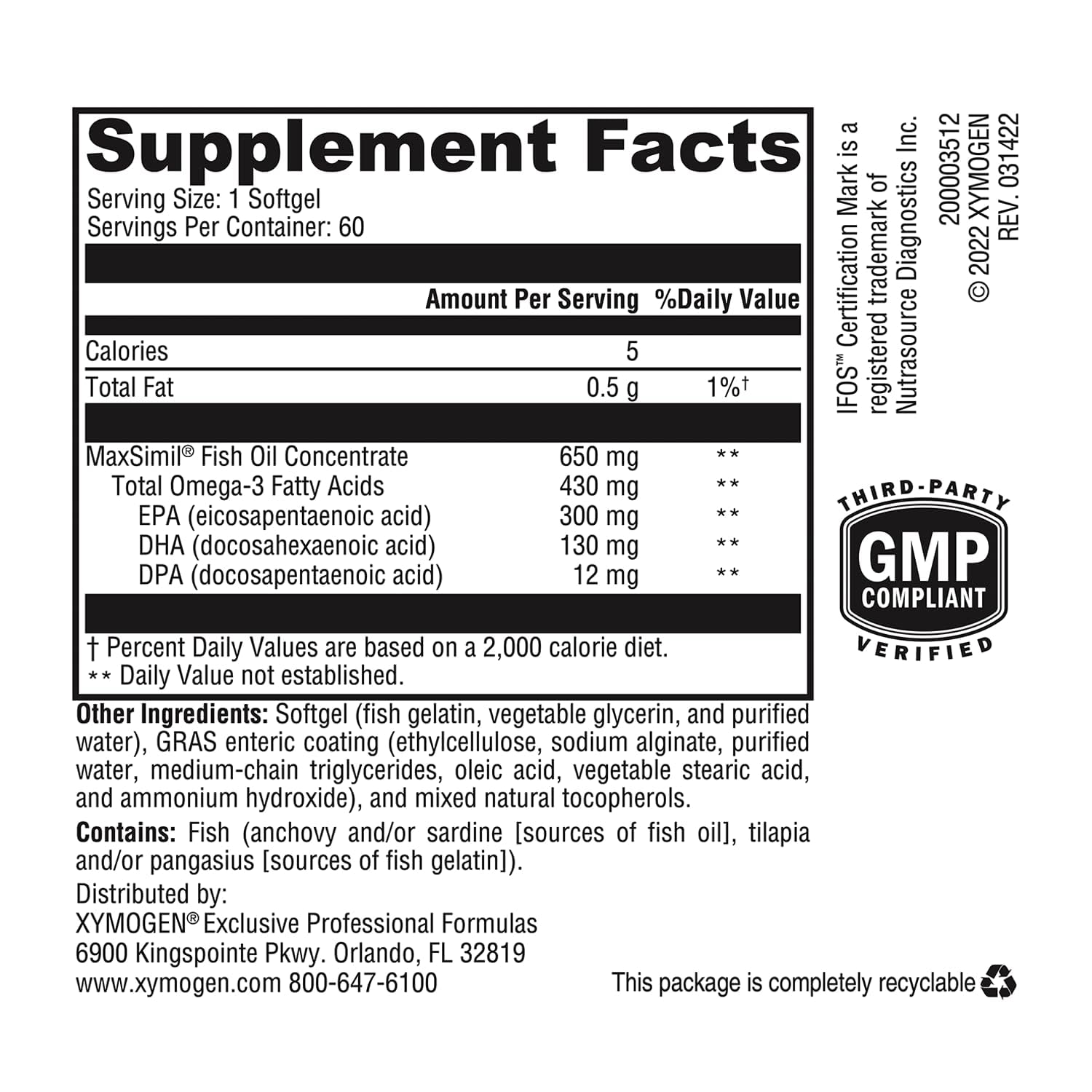 XYMOGEN Omega MonoPure 650 EC bottle back shows supplement facts and clean formulation.
