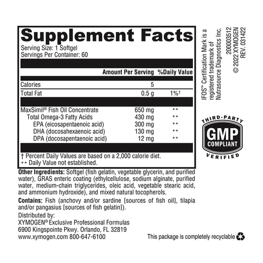 XYMOGEN Omega MonoPure 650 EC bottle back shows supplement facts and clean formulation.