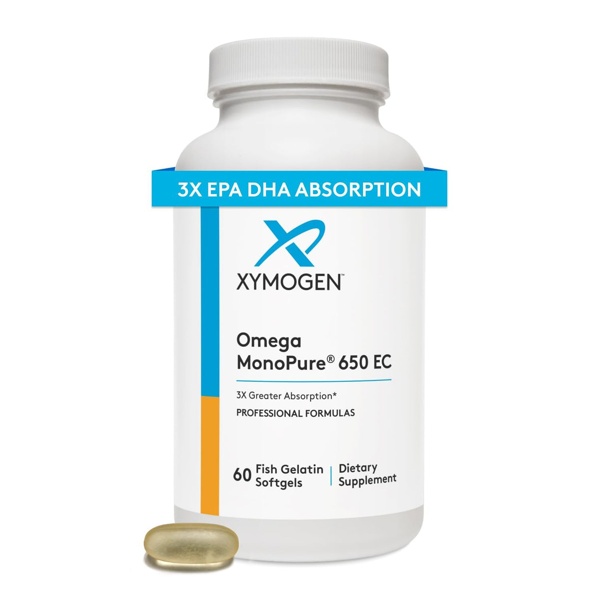 XYMOGEN Omega MonoPure 650 EC bottle front with easy-to-swallow softgels for daily use.
