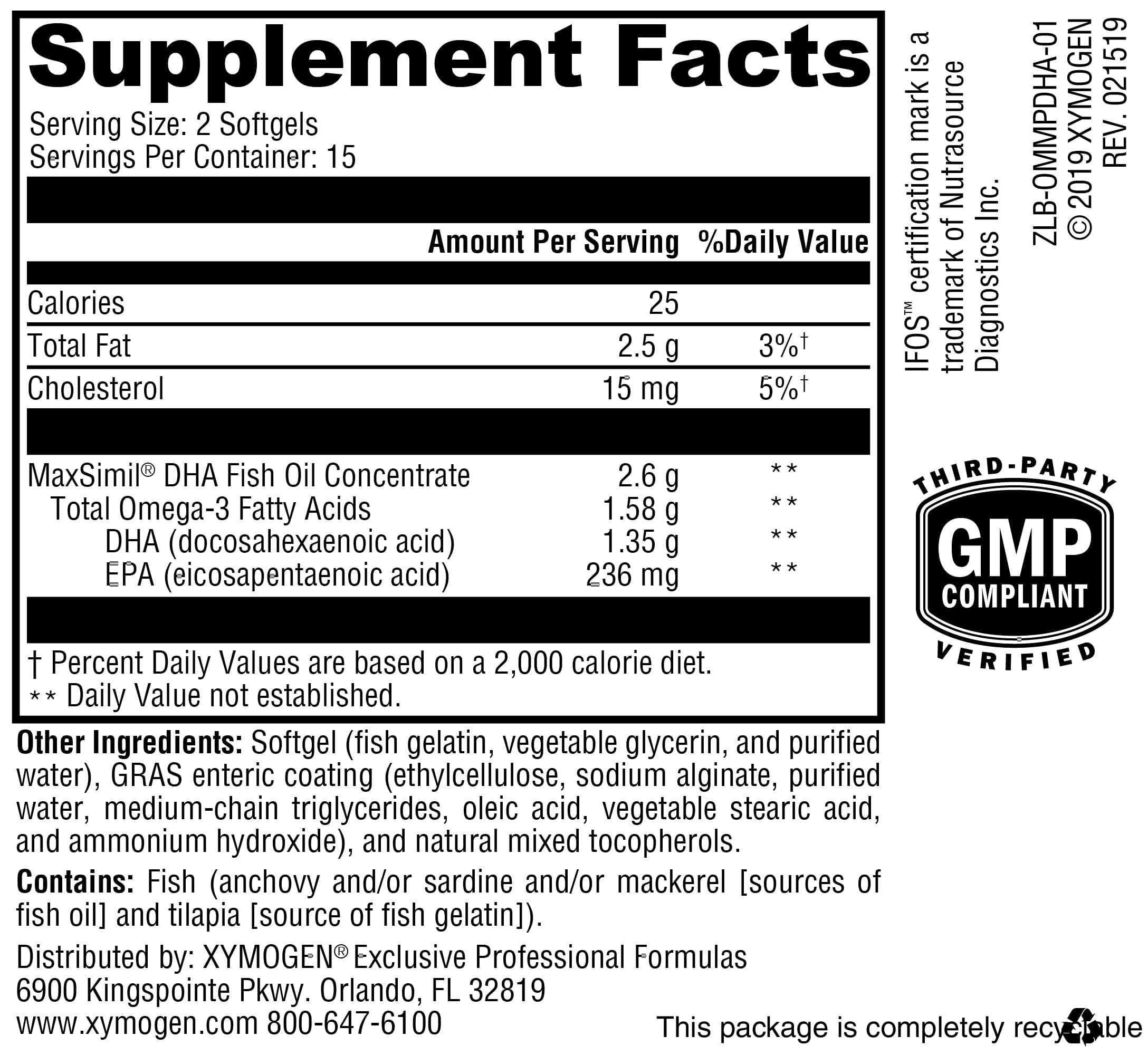 XYMOGEN Omega MonoPure DHA EC bottle back with supplement facts and ingredients.