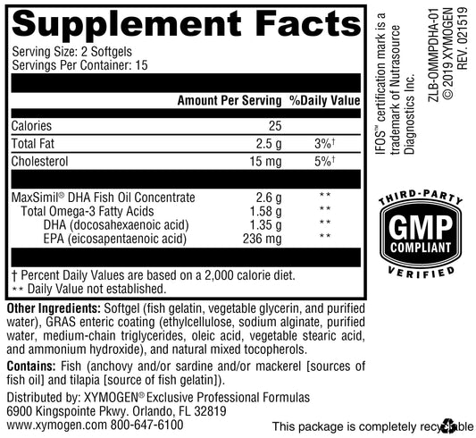 XYMOGEN Omega MonoPure DHA EC bottle back with supplement facts and ingredients.