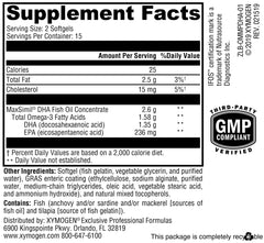 XYMOGEN Omega MonoPure DHA EC bottle back with supplement facts and ingredients.
