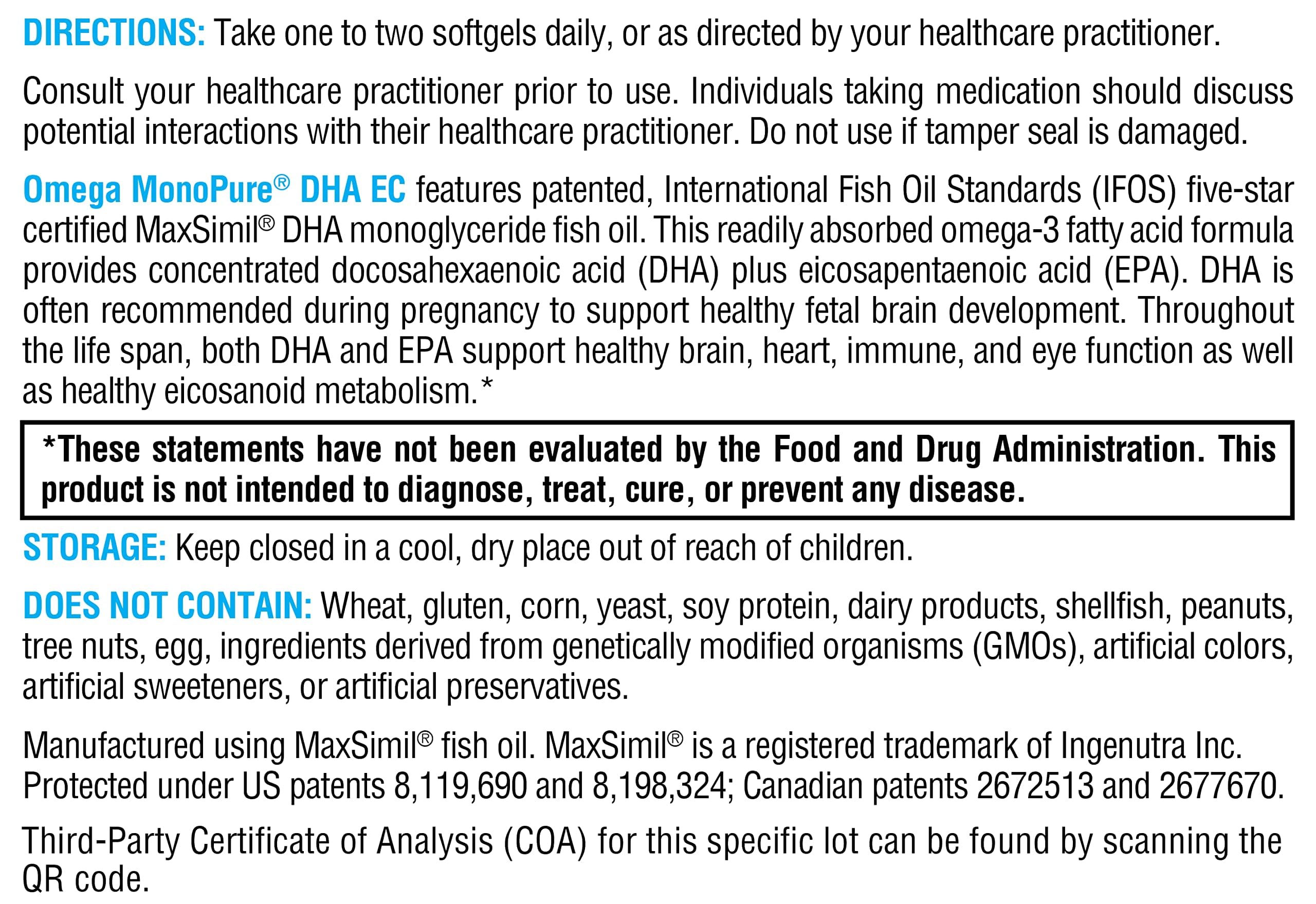 XYMOGEN Omega MonoPure DHA EC IFOS five-star certification label visible.