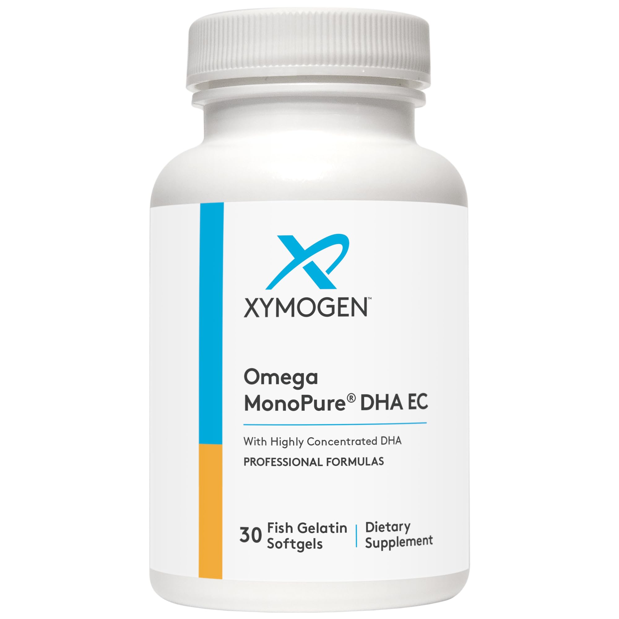XYMOGEN Omega MonoPure DHA EC ingredients panel emphasizes allergen-free formulation.