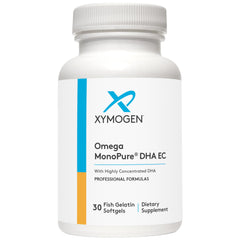 XYMOGEN Omega MonoPure DHA EC ingredients panel emphasizes allergen-free formulation.