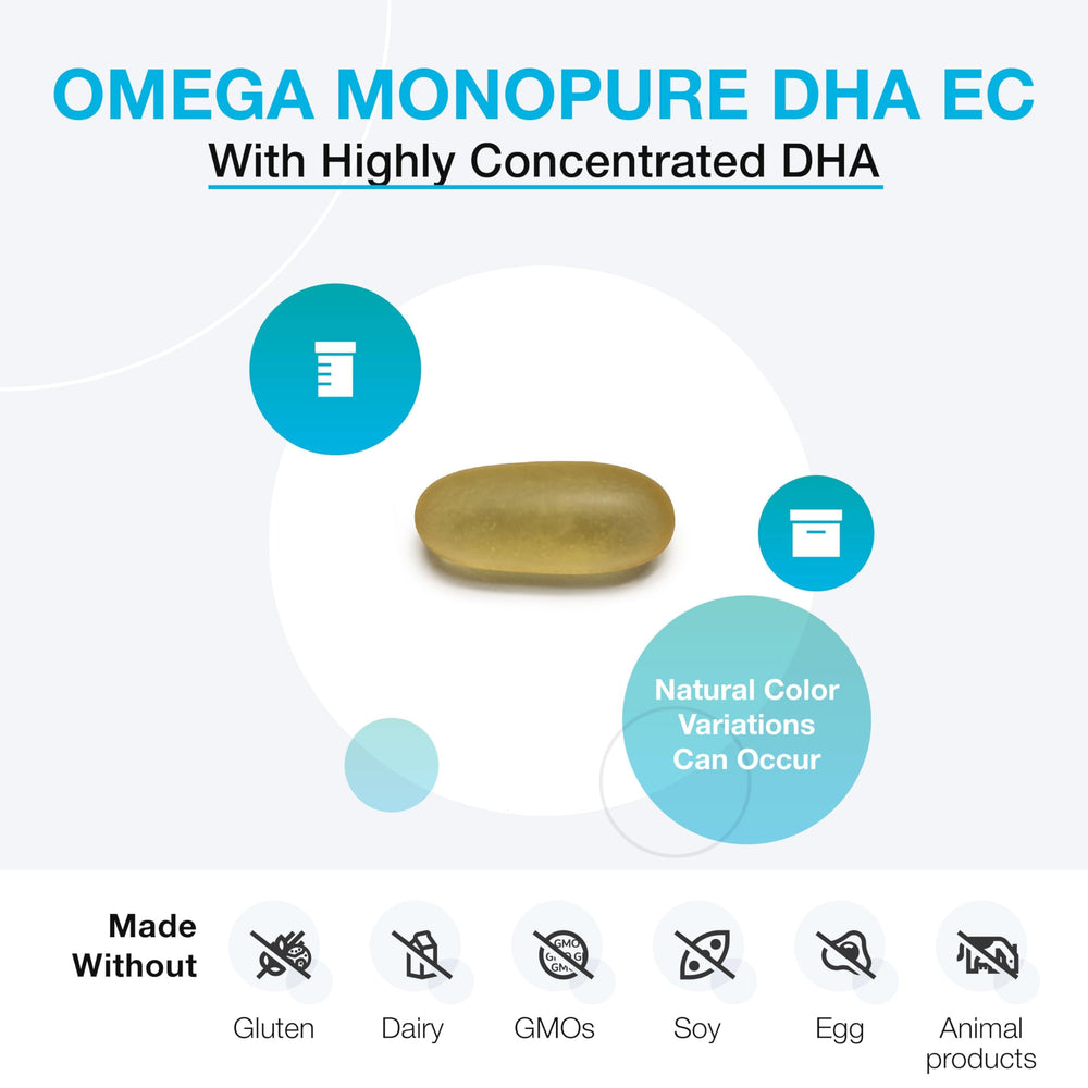 XYMOGEN Omega MonoPure DHA EC softgels close-up highlighting concentrated DHA.