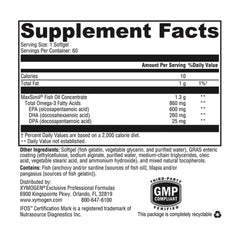 Closeup of XYMOGEN Omega MonoPure 1300 EC softgels for easy swallowing