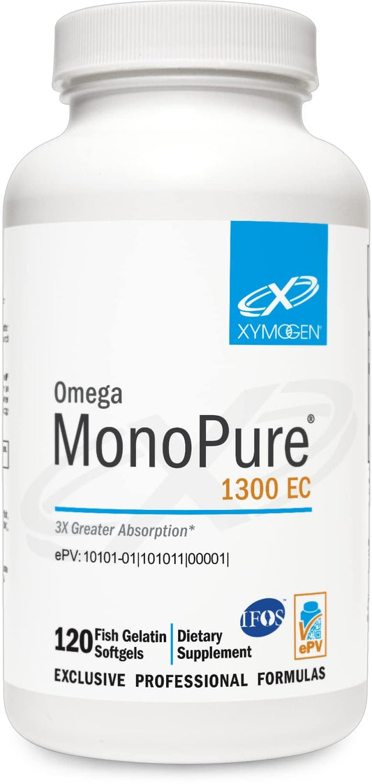 XYMOGEN Omega MonoPure 1300 EC bottle shows enteric-coated omega-3 softgels for heart and brain support.