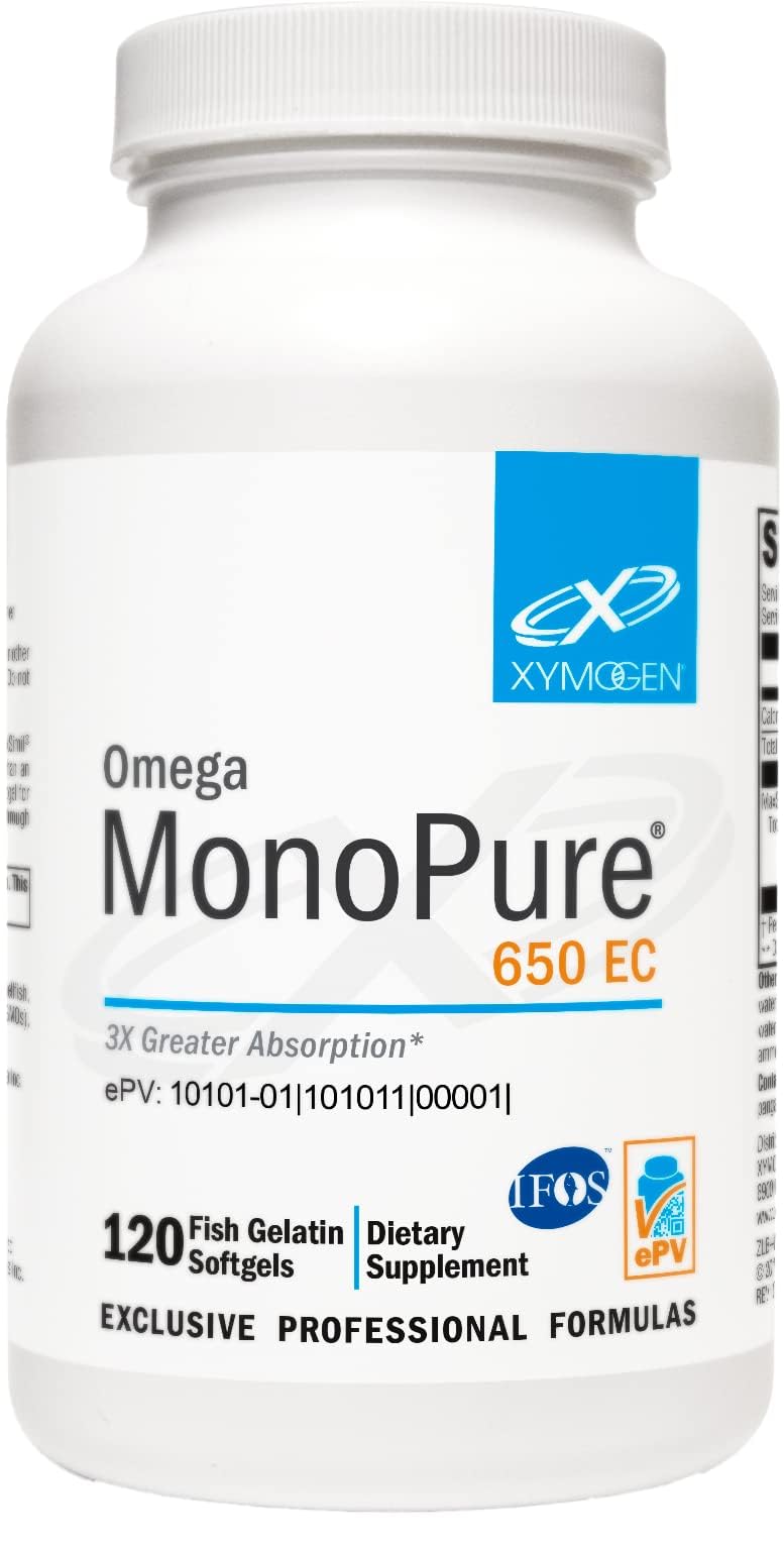 XYMOGEN Omega MonoPure 650 EC bottle with compact softgels for easy swallowing