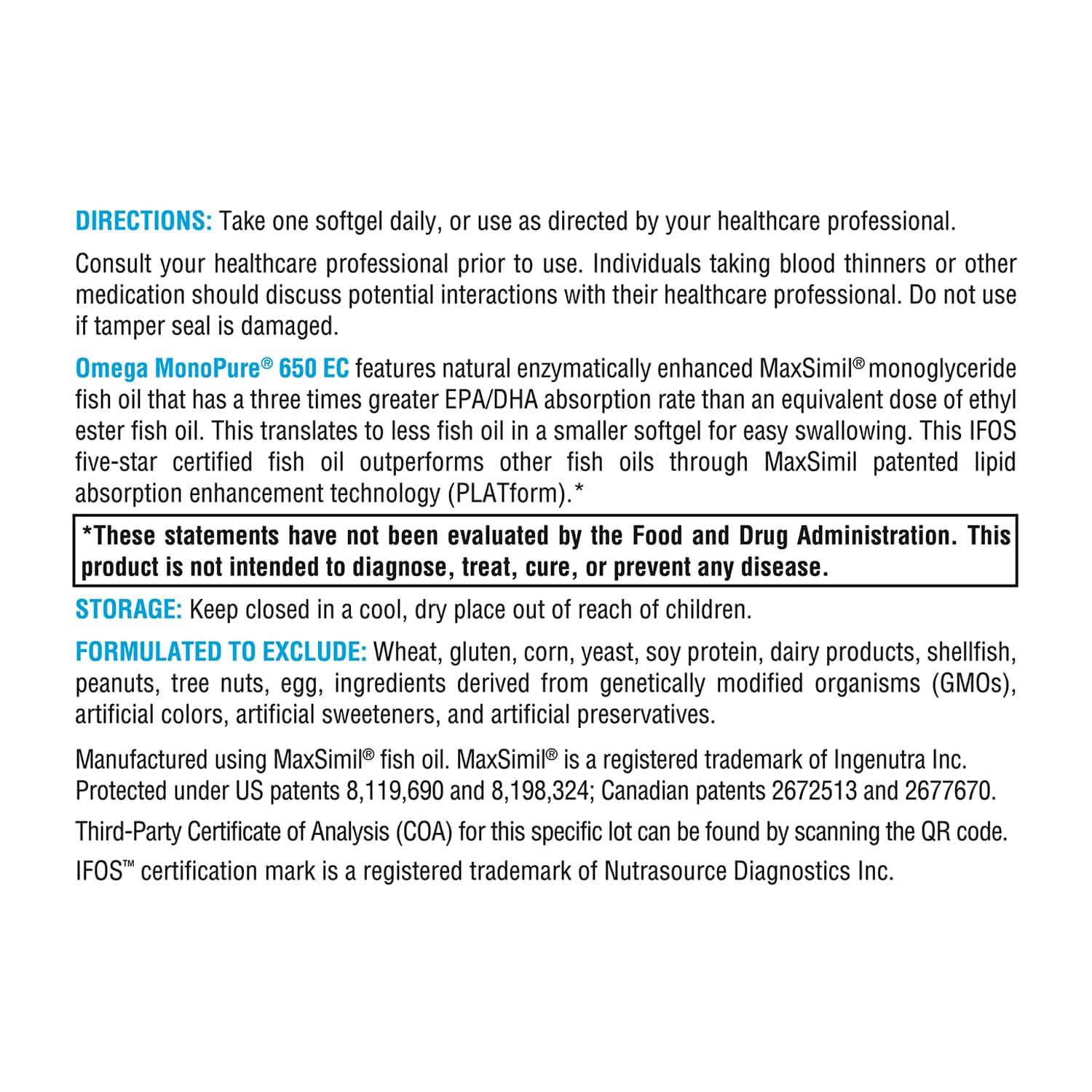 Allergen free label on XYMOGEN Omega MonoPure bottle