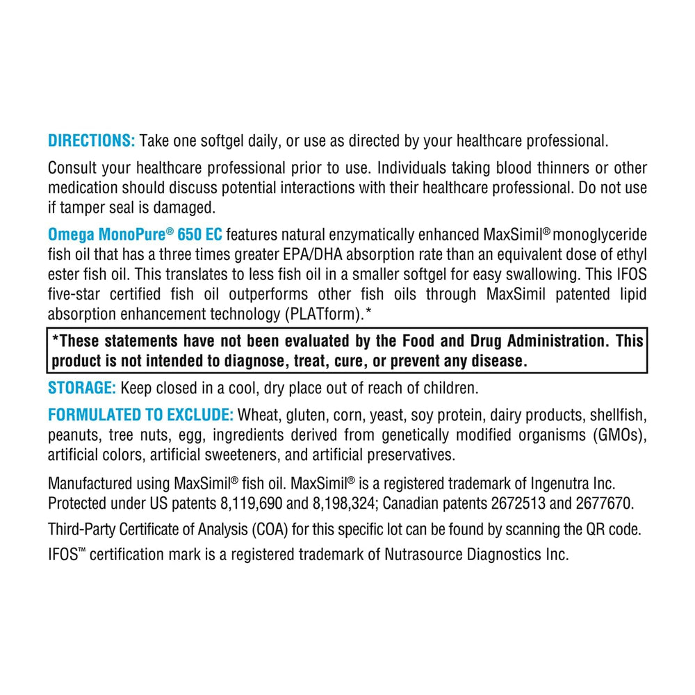 Allergen free label on XYMOGEN Omega MonoPure bottle