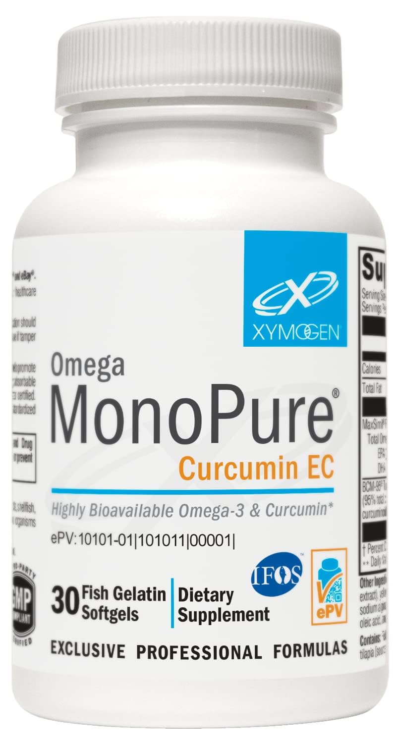 Xymogen Omega MonoPure Curcumin EC bottle showing high absorption formulation for daily support