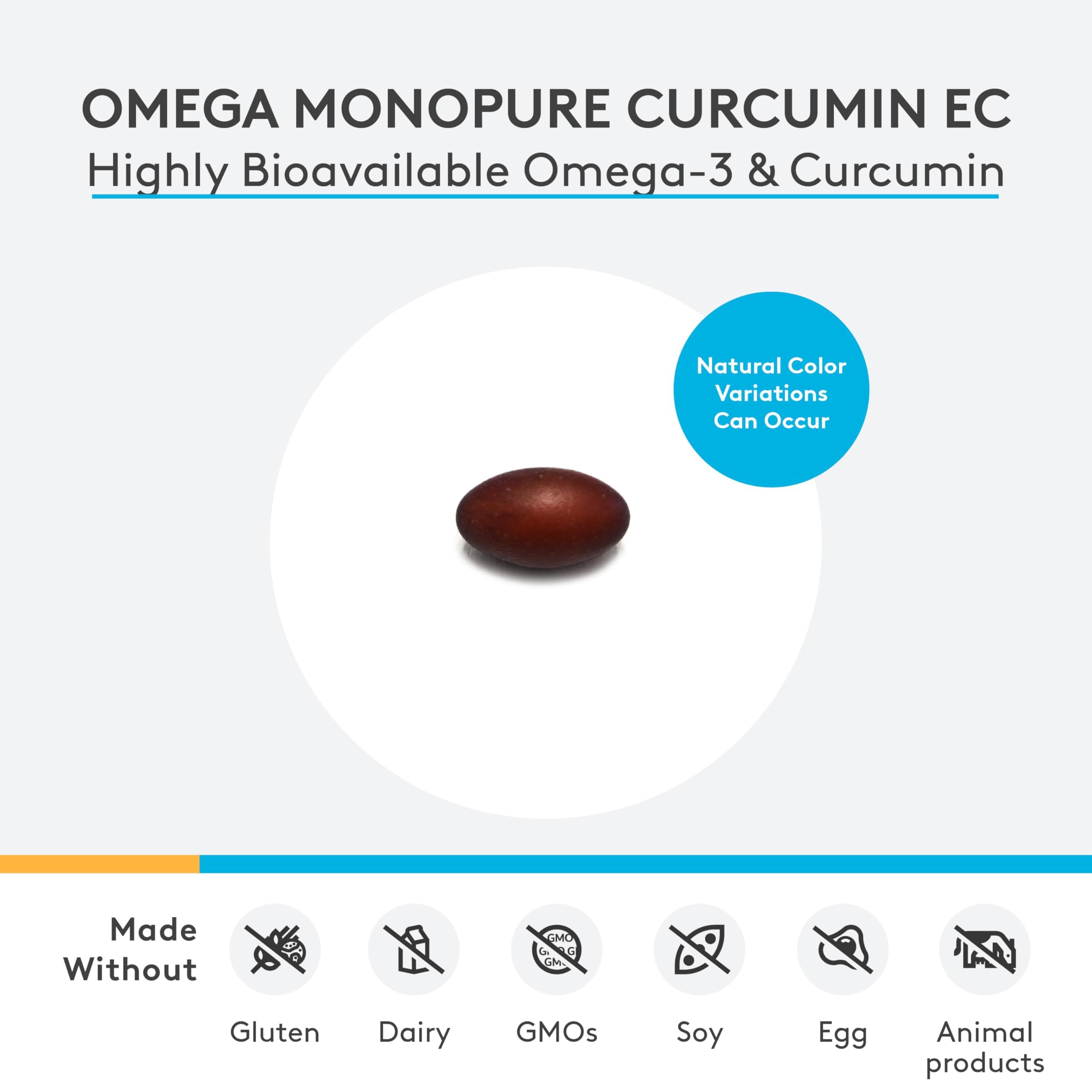 Front label of Xymogen Omega MonoPure Curcumin EC highlights BCM-95 turmeric extract