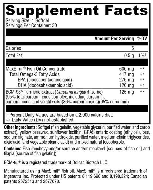 Close-up of Xymogen Omega MonoPure Curcumin EC softgels for easy daily use