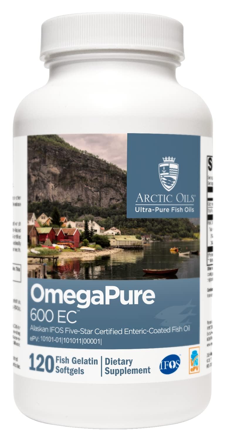 XYMOGEN OmegaPure 600 EC bottle with enteric-coated softgels for heart and brain support.