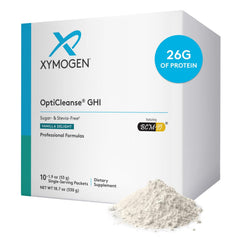 Xymogen OptiCleanse GHI bottle front highlighting gluten-free vanilla formula for digestive support.