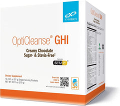 XYMOGEN OptiCleanse GHI creamy chocolate powder in a jar for digestive-friendly nourishment.
