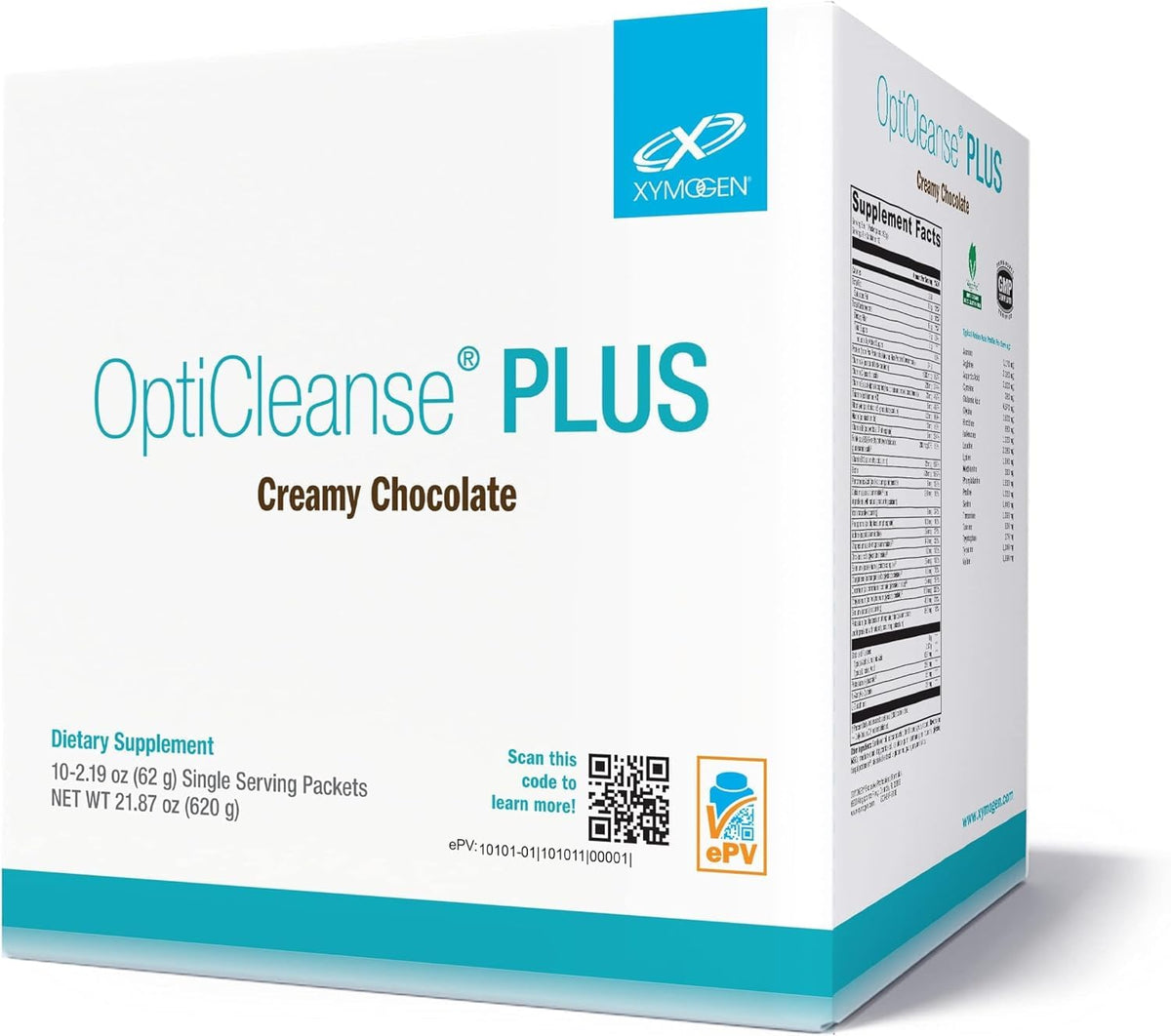 XYMOGEN OptiCleanse Plus creamy chocolate powder scoop for a vegan protein boost
