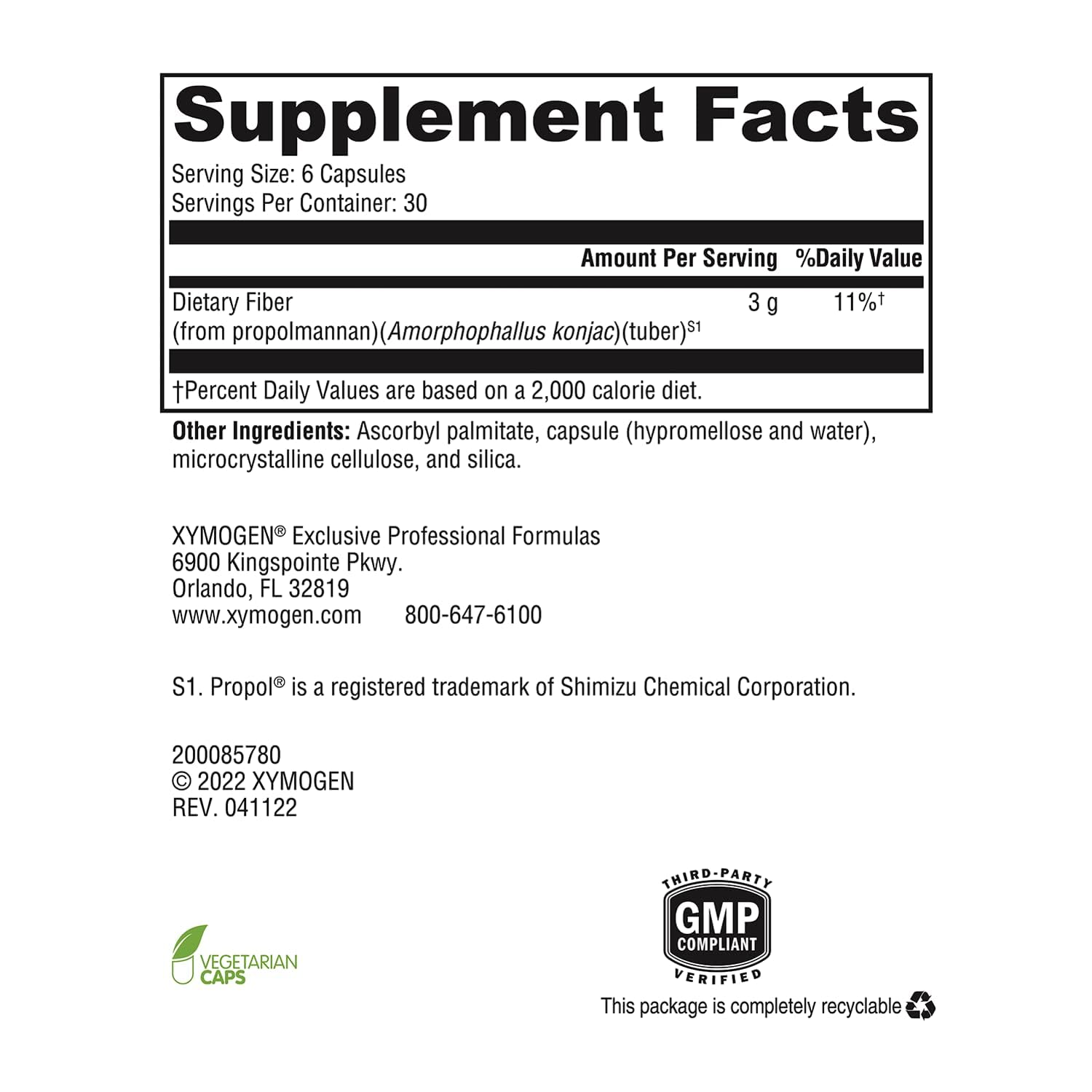 XYMOGEN OptiFiber Lean capsules closeup emphasizing vegan, non-GMO formula.