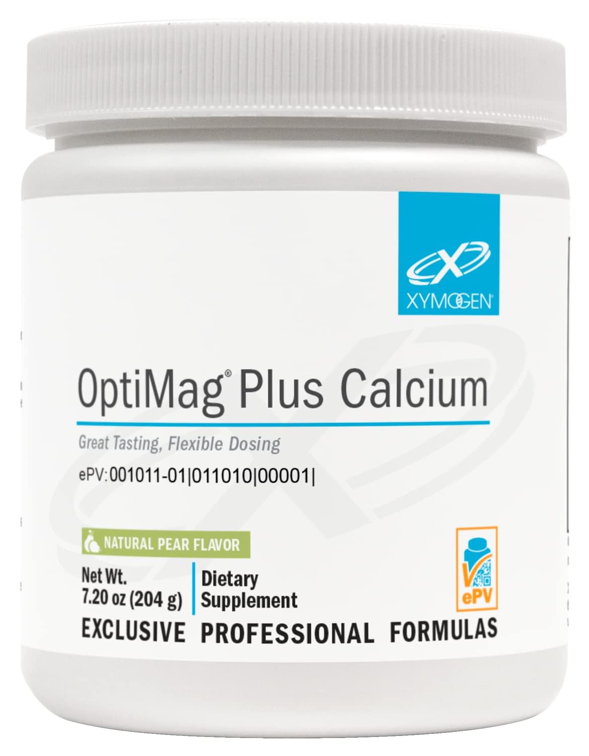 XYMOGEN OptiMag Plus Calcium pear flavor powder tub for easy daily supplementation.