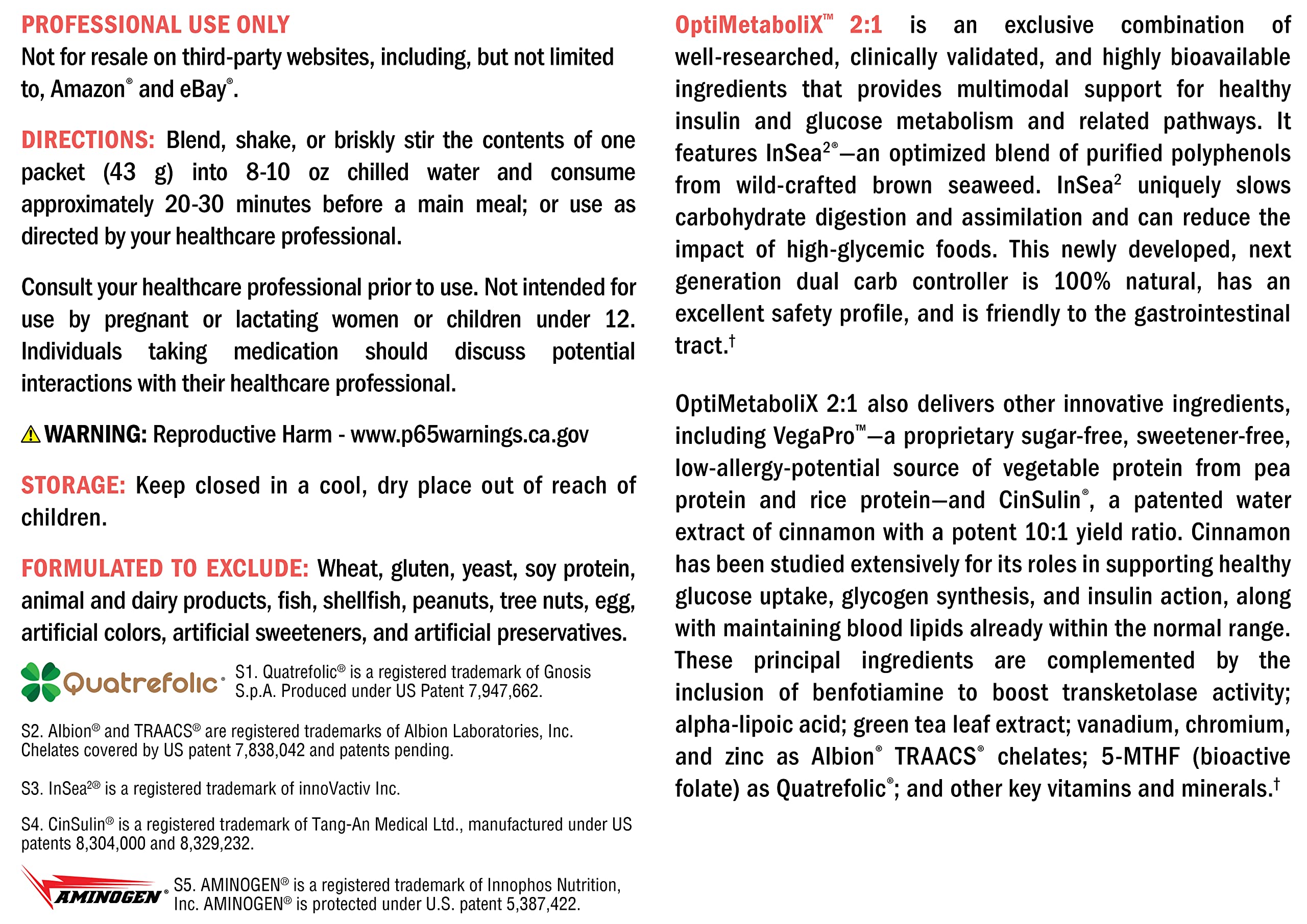 Xymogen OptiMetaboliX ingredients panel highlights InSea2 polyphenols and CinSulin cinnamon.