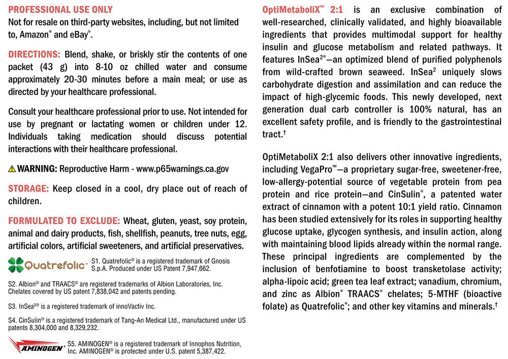 Xymogen OptiMetaboliX ingredients panel highlights InSea2 polyphenols and CinSulin cinnamon.