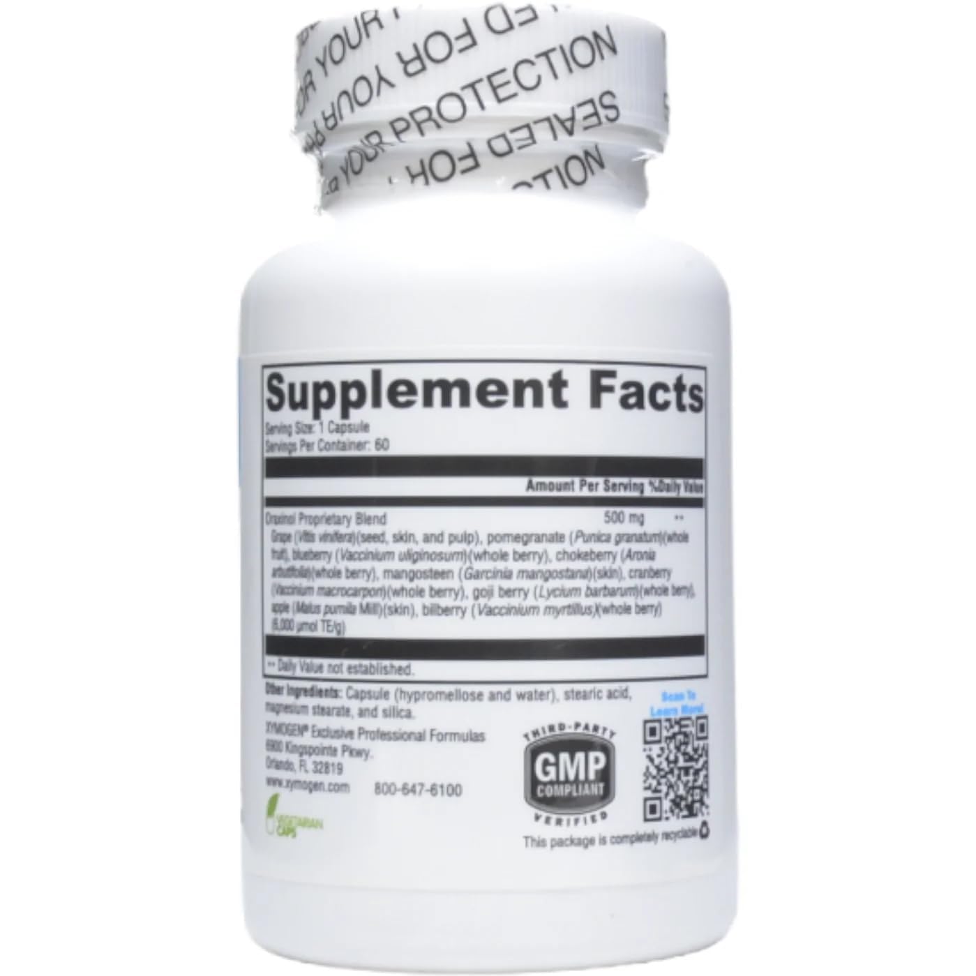 XYMOGEN Oraxinol label confirms vegan, gluten-free, non-GMO formulation.