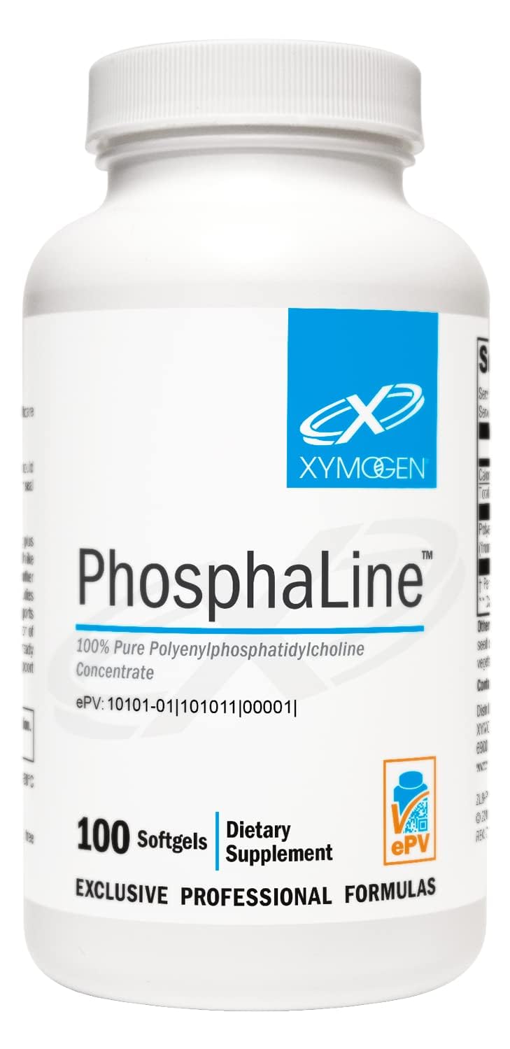 Xymogen PhosphaLine bottle front view showing PPC capsules for liver and brain support
