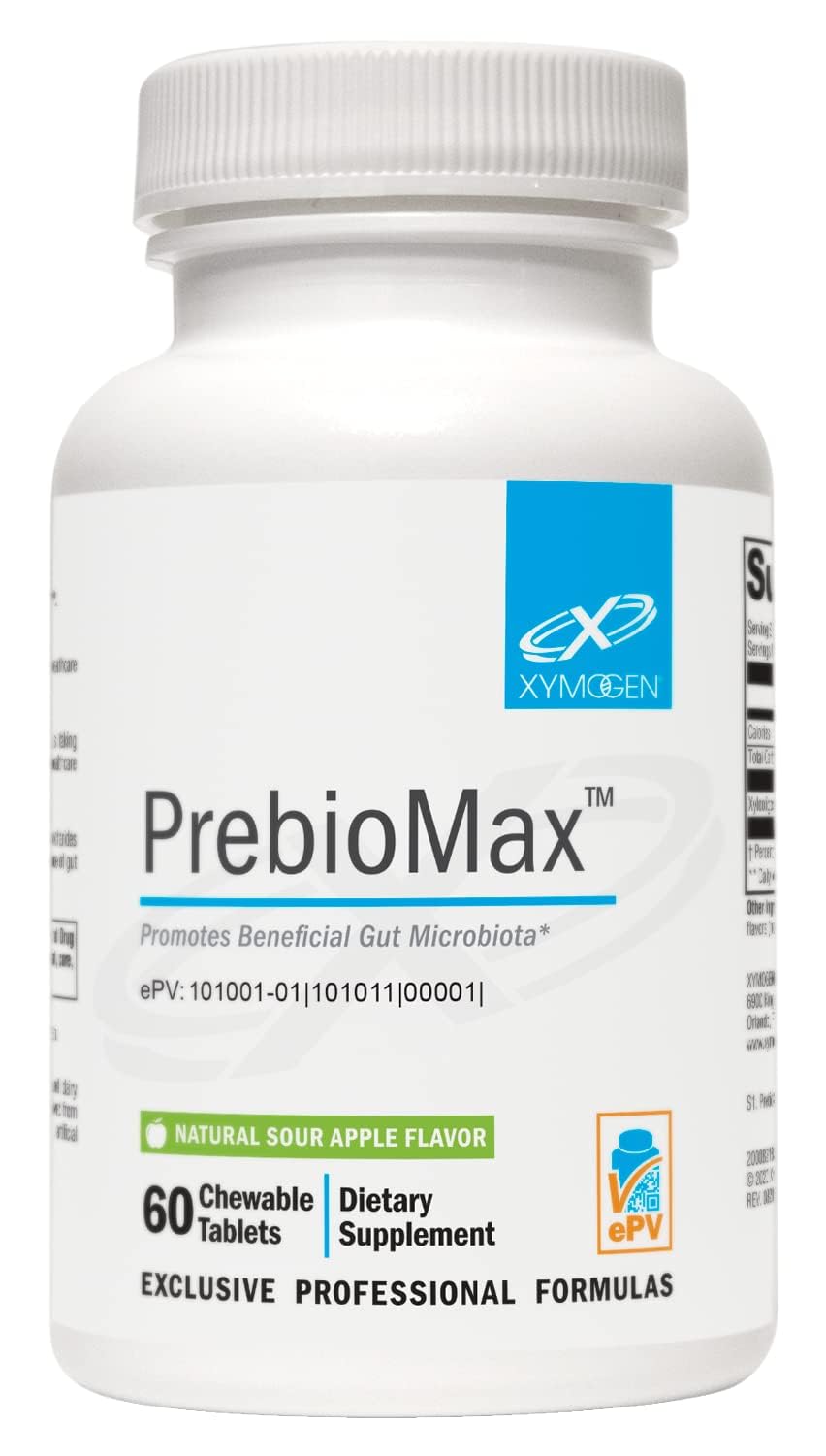 XYMOGEN PrebioMax bottle label shows sour apple flavor for digestive support.