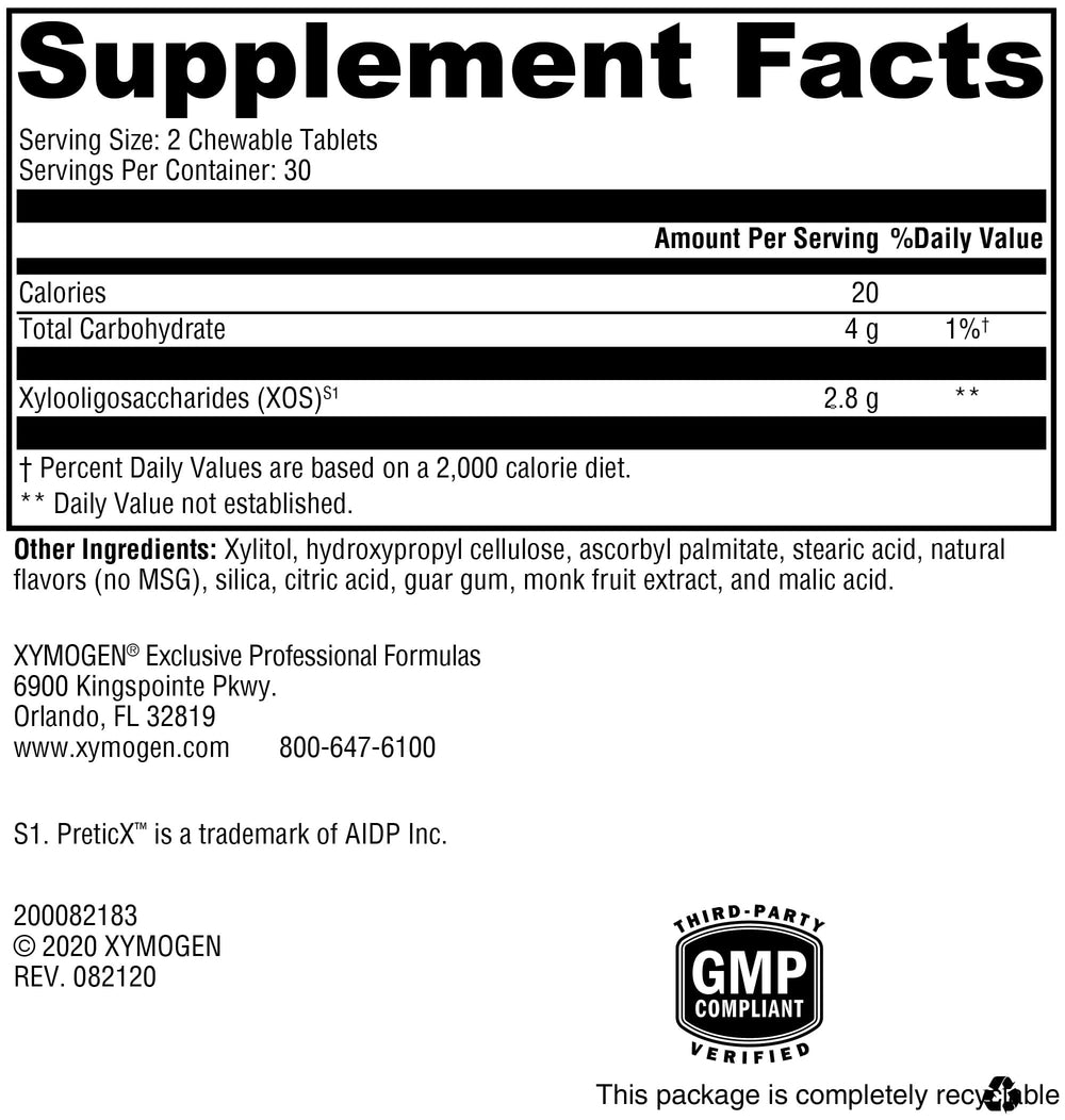 XYMOGEN PrebioMax chewable tablets close-up highlighting convenient daily prebiotic intake.