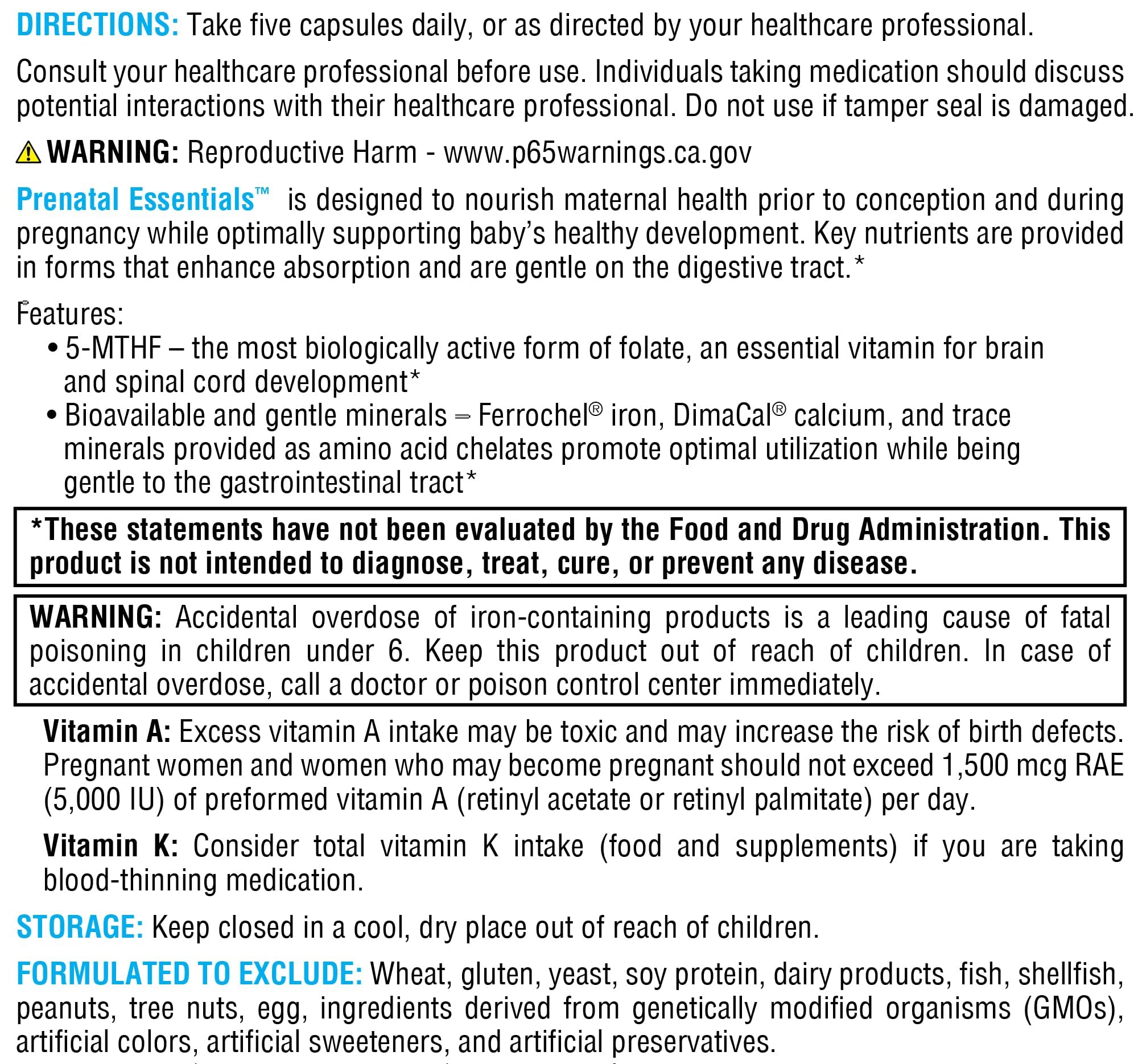 XYMOGEN Prenatal Essentials label detail features 5-MTHF and chelated minerals