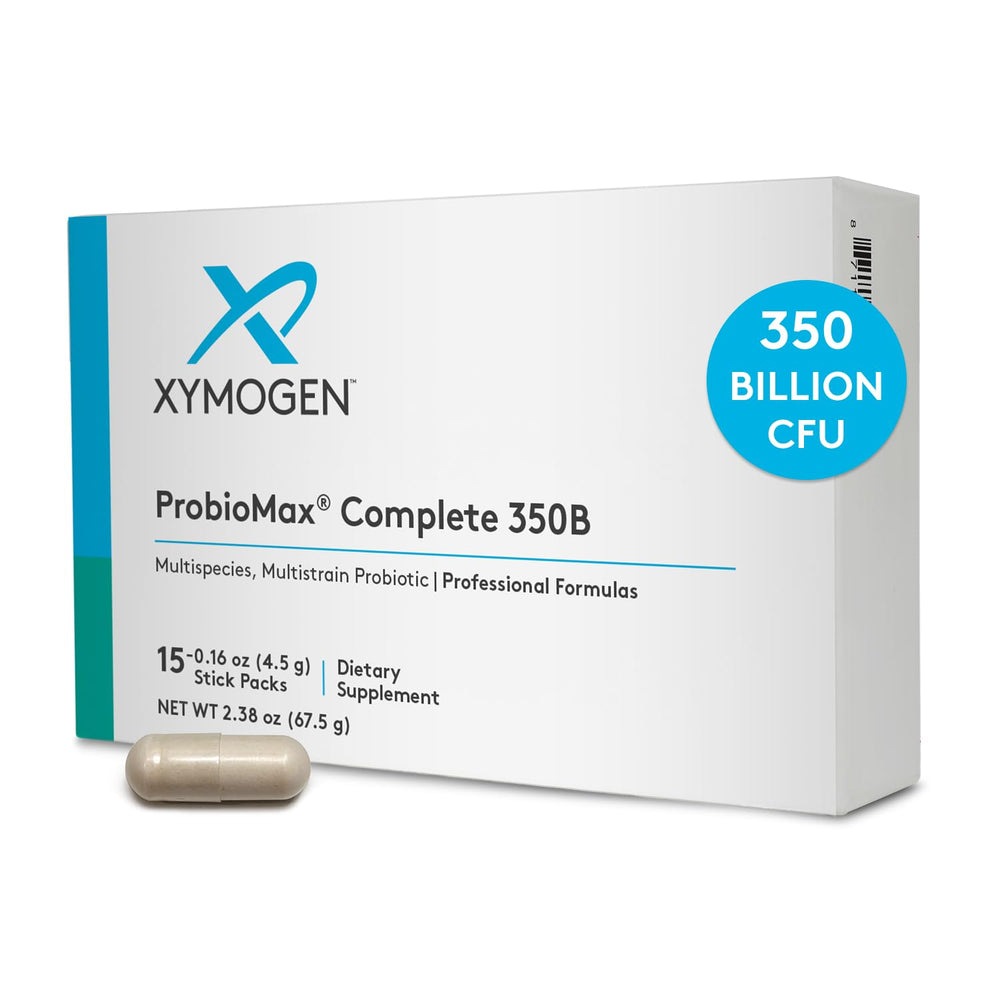 XYMOGEN ProbioMax Complete 350B bottle label shows 18 strains for gut balance.