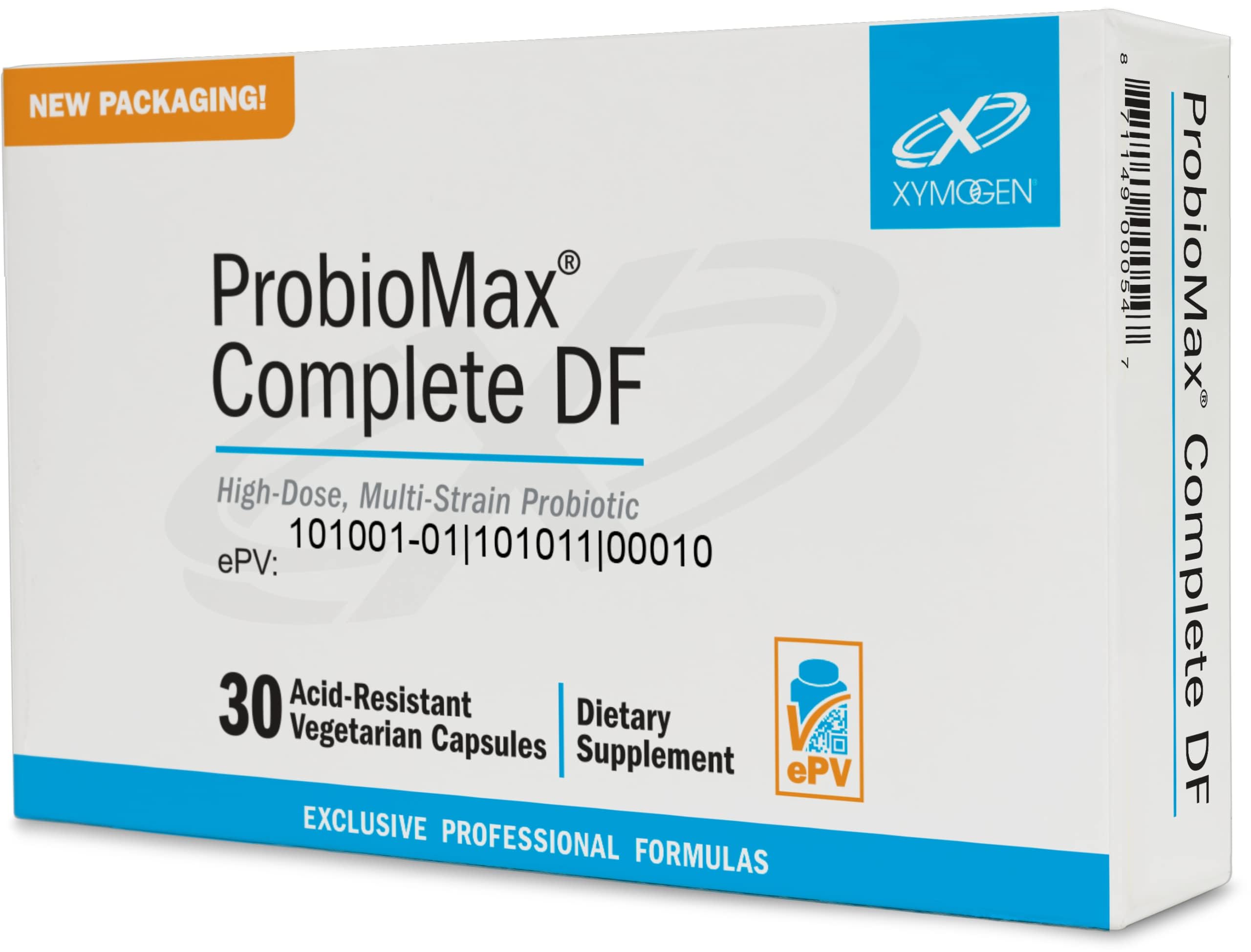 XYMOGEN ProbioMax Complete 45B bottle with high-dose, dairy-free capsules for daily gut support.