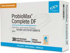 XYMOGEN ProbioMax Complete 45B bottle with high-dose, dairy-free capsules for daily gut support.