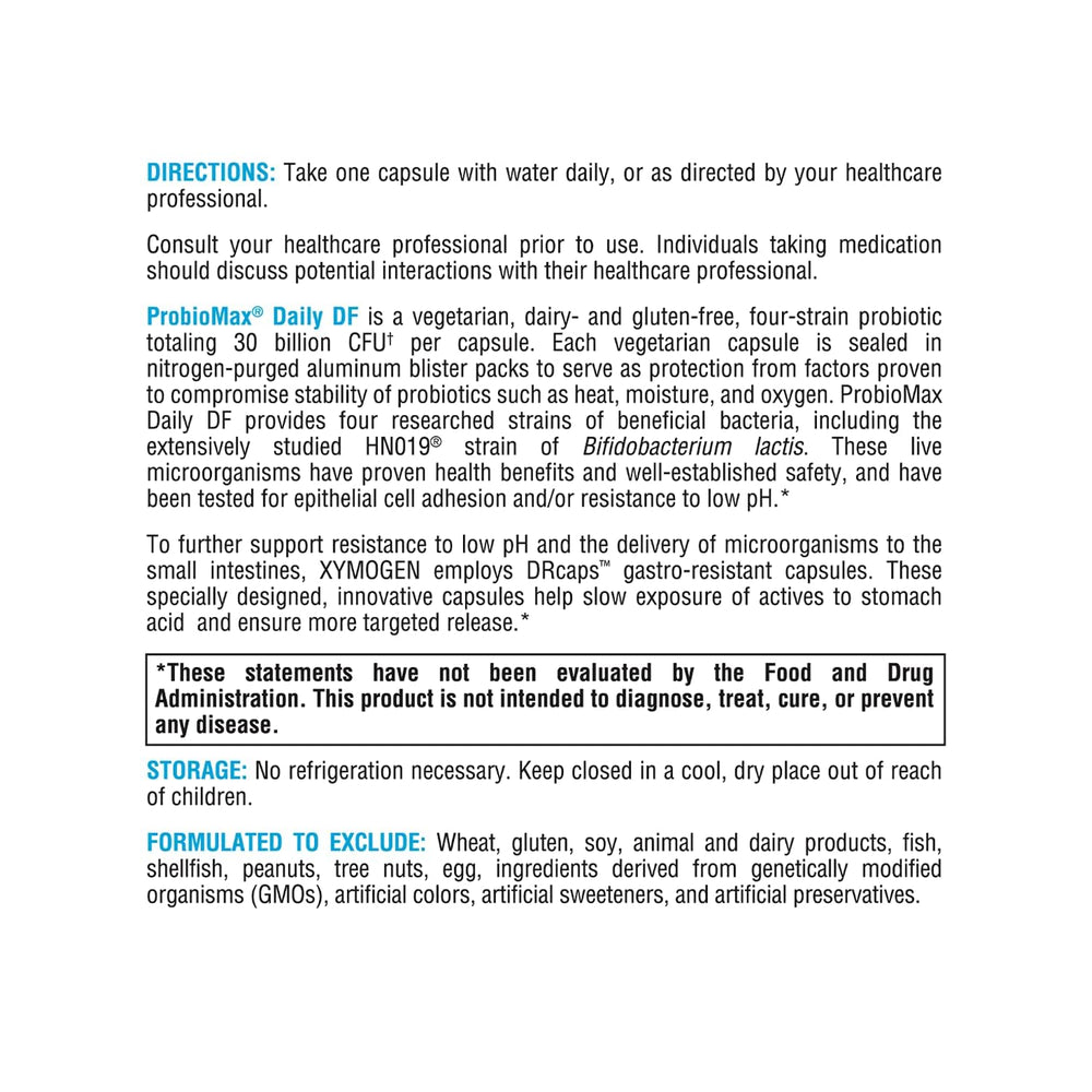 Xymogen ProbioMax Daily 30B nutrition panel showcasing serving and ingredients