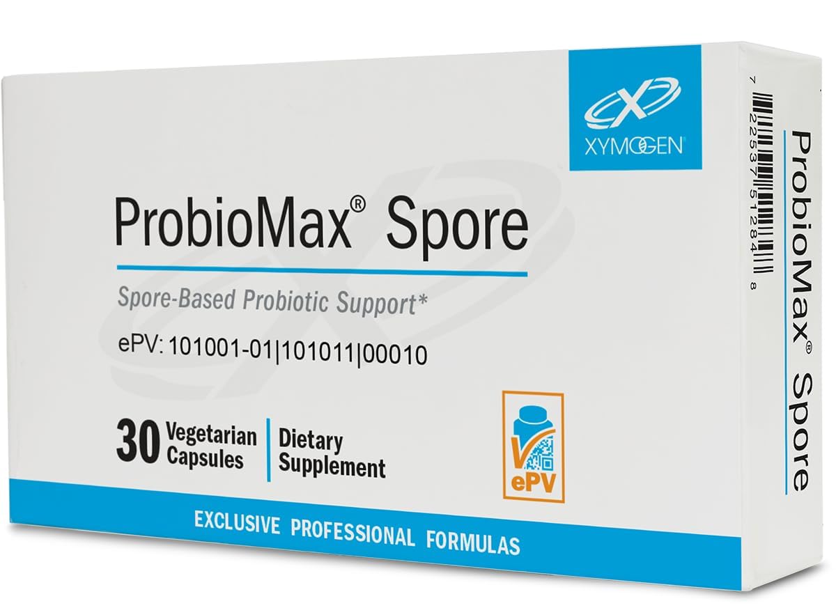 Xymogen ProbioMax Spore bottle on shelf, showcasing shelf-stable probiotic supplement for daily use.