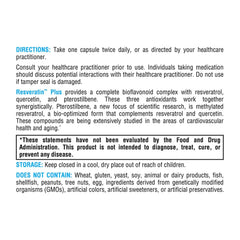Illustrative ingredients chart noting resveratrol, pterostilbene, quercetin synergy.