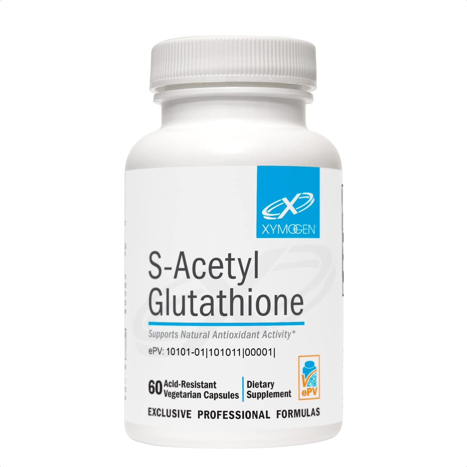 XYMOGEN S Acetyl Glutathione bottle label highlights absorption potential.