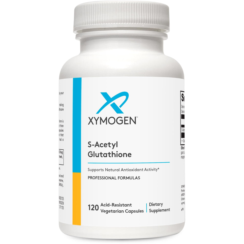 XYMOGEN S Acetyl Glutathione bottle promotes antioxidant support and easy daily intake.