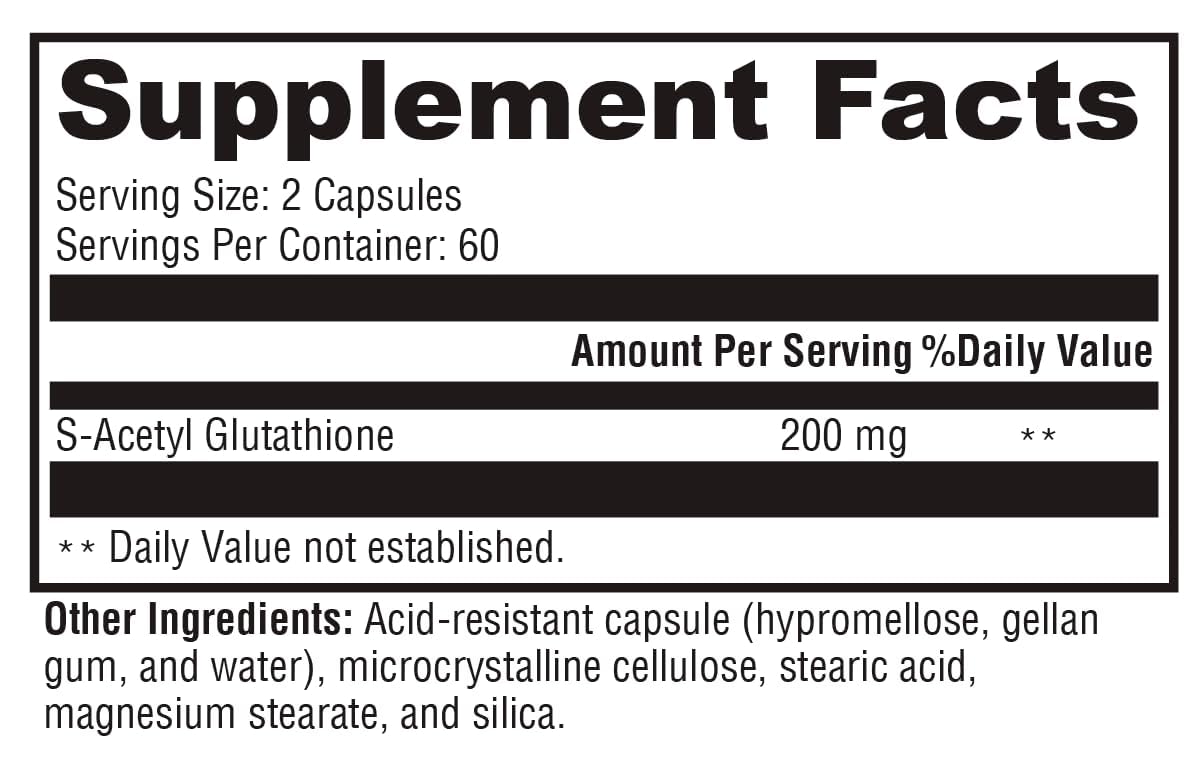 Close-up of XYMOGEN S Acetyl Glutathione capsules highlighting acid-resistant capsules.