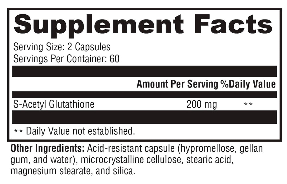 Close-up of XYMOGEN S Acetyl Glutathione capsules highlighting acid-resistant capsules.