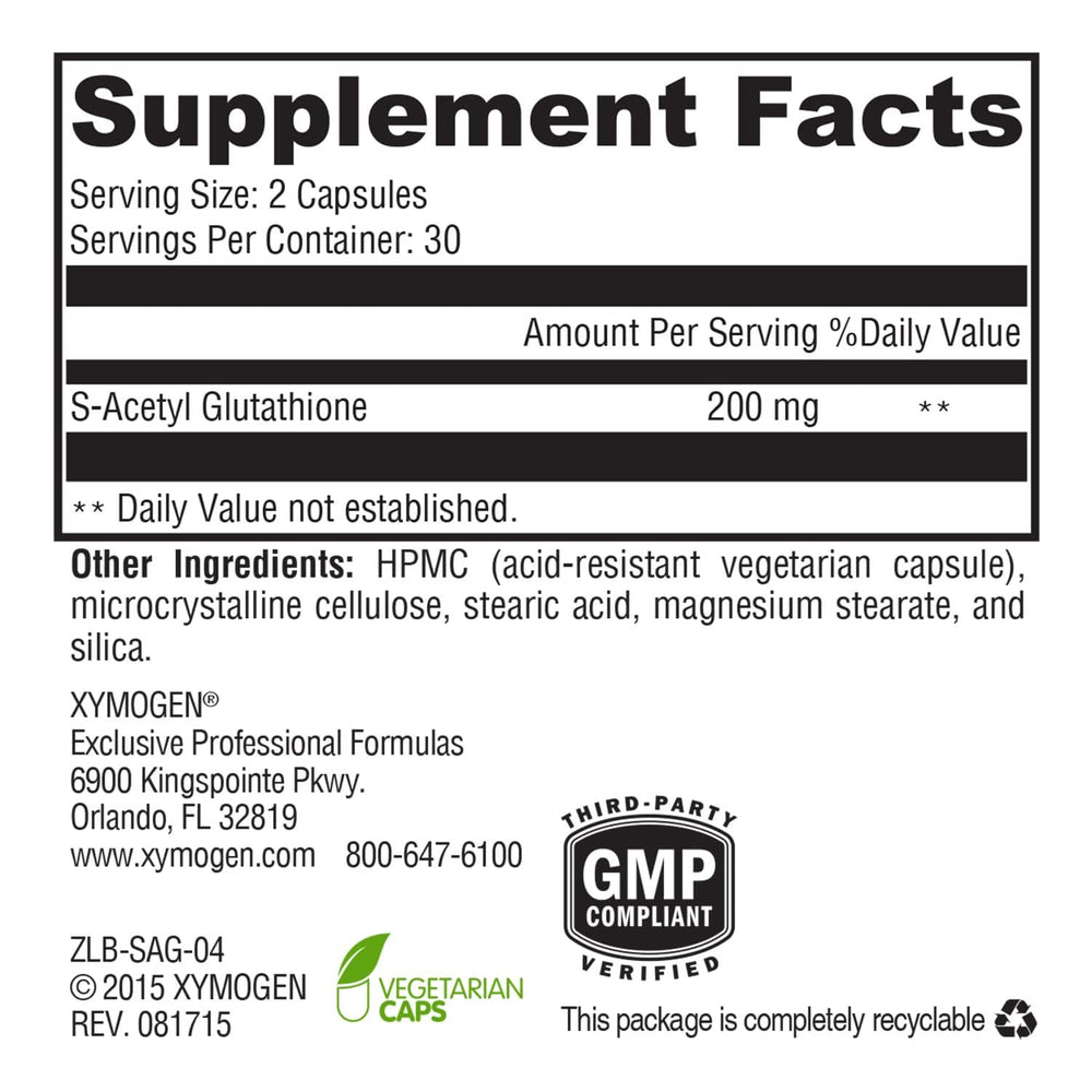 XYMOGEN S Acetyl Glutathione capsules closeup reveals acid-resistant design.
